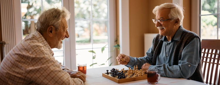 Two men playing chess at home.